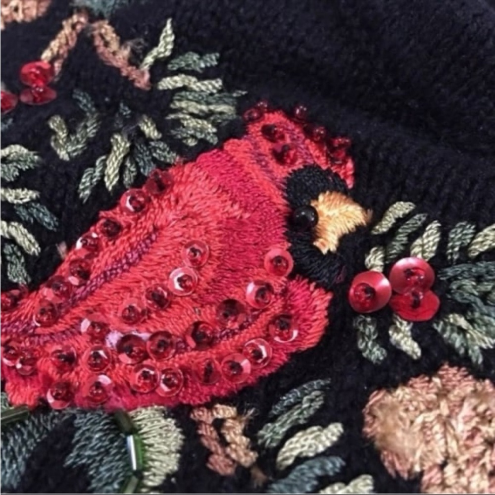 Vintage Christmas Sweater M Cardinal Bird Sequin Embroidered Zip Cardigan - Picture 7 of 8
